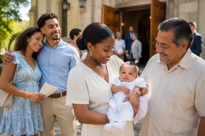 Joyful Family Outside Church After Baptism