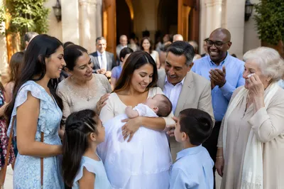 Joyful Family Gathering Outside Church Entrance