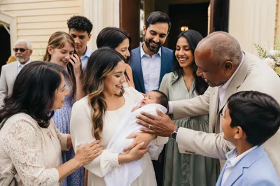 Joyful Family Gathering Outside Church Entrance
