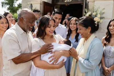 Family Gathering Outside Church After Baptism