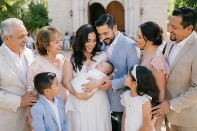 Family Celebration Outside Church After Baptism