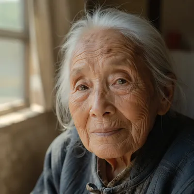 Serene Centenarian Woman by Sunlit Window