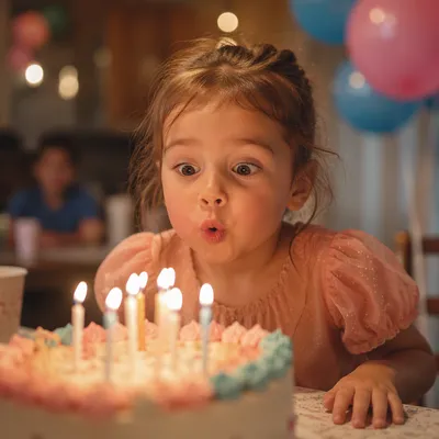 Excited Child Blowing Birthday Cake Candles