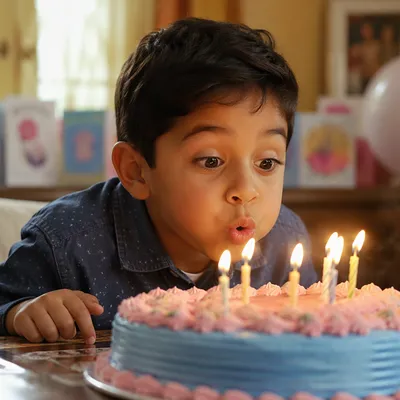 Excited Boy Blowing Birthday Cake Candles