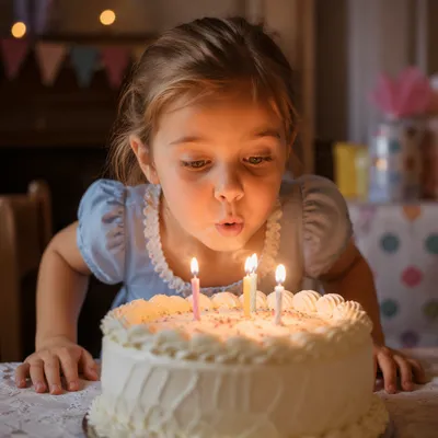 Excited Child Blowing Birthday Cake Candles