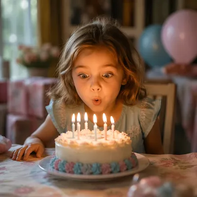 Excited Child Blowing Birthday Candles Close-Up