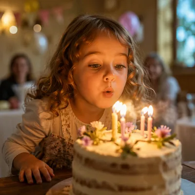 Excited Child Blowing Birthday Candles Close Up