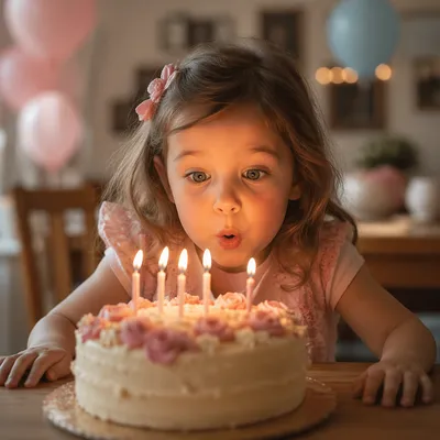 Excited Child Blowing Birthday Cake Candles