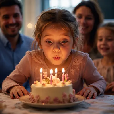 Excited Child Blowing Birthday Cake Candles