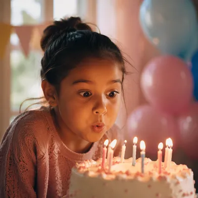 Excited Child Blowing Birthday Candles Close Up