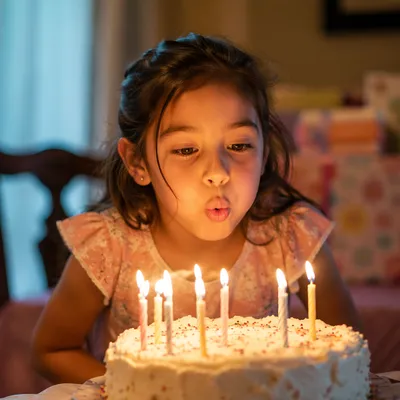 Joyful Girl Blowing Birthday Cake Candles