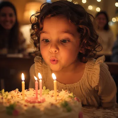 Excited Child Blowing Birthday Cake Candles
