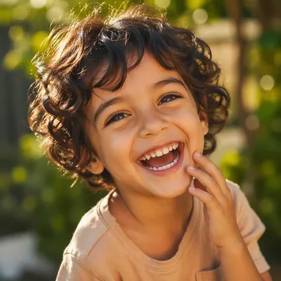 Laughing Child in Sunlit Garden Portrait
