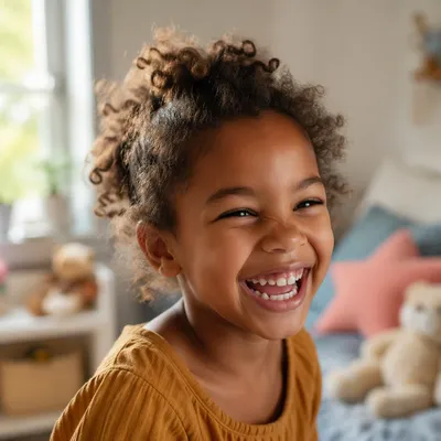 Joyful Child Giggling in Morning Light