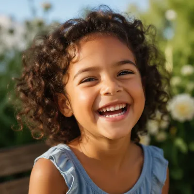 Giggling Child in Sunlit Garden Portrait