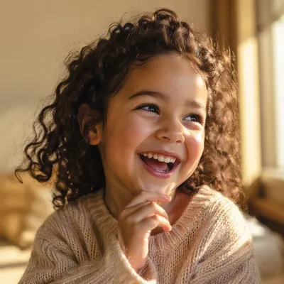 Giggling Child Portrait by Sunlit Window