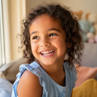 Joyful Child Giggling by Sunlit Window