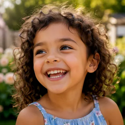 Giggling Child in Sunlit Garden Portrait