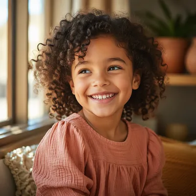 Joyful Child Giggling by Sunlit Window