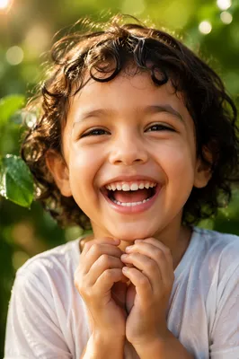 Joyful Child Giggling in Garden Close-Up