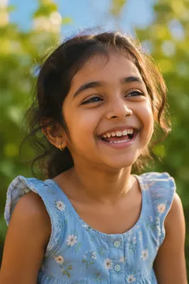 Joyful Child Giggling in Garden Close Up