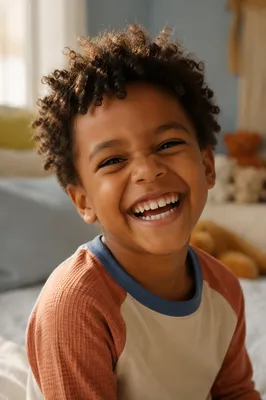 Joyful Child Giggling in Sunlit Bedroom