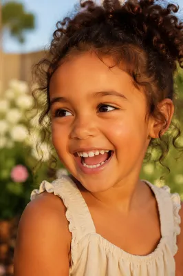 Giggling Child in Sunlit Garden Portrait