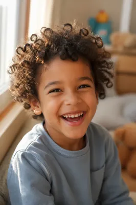 Giggling Child Portrait by Sunlit Window