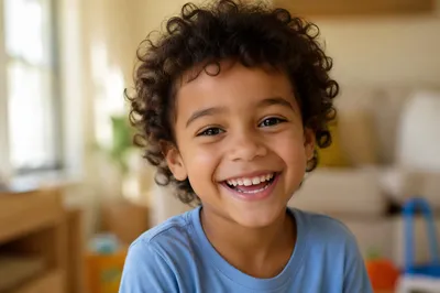 Giggling Child Portrait in Sunlit Living Room