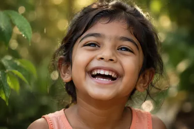 Joyful Child Giggling in Sunlit Garden