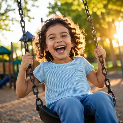 Joyful Child Laughing on Playground Swing
