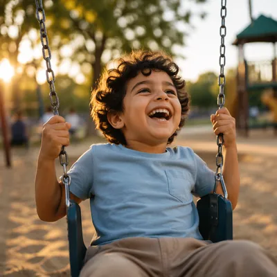 Joyful Child Laughing on Playground Swing