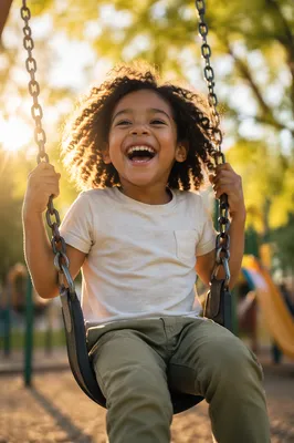 Joyful Child Laughing on Playground Swing