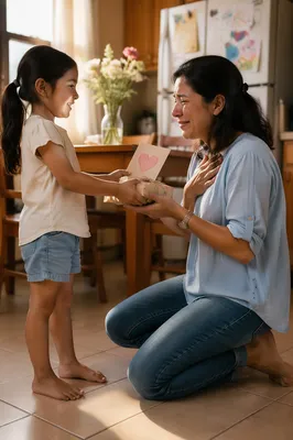 Child Giving Handmade Gift to Mother