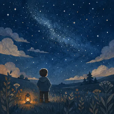 Child Gazing at Starry Sky in Wonder