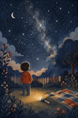 Child Gazing at Starry Sky in Wonder