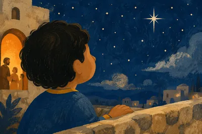 Child Gazing at Starry Sky in Wonder