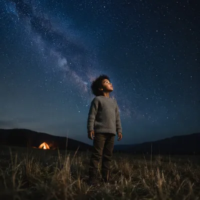 Child Gazing at Starry Night Sky
