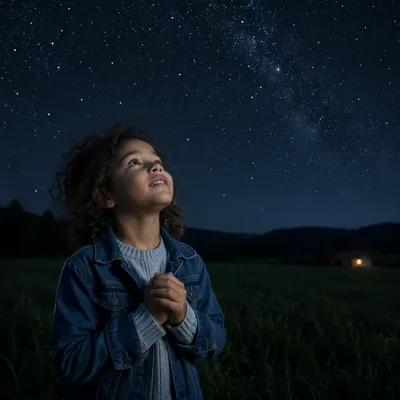 Child Gazing at Starry Night Sky