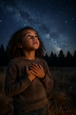 Child Gazing at Starry Night Sky