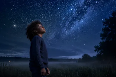 Child Gazing at Starry Night Sky