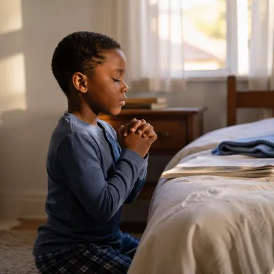 Young Boy Praying Beside Bed