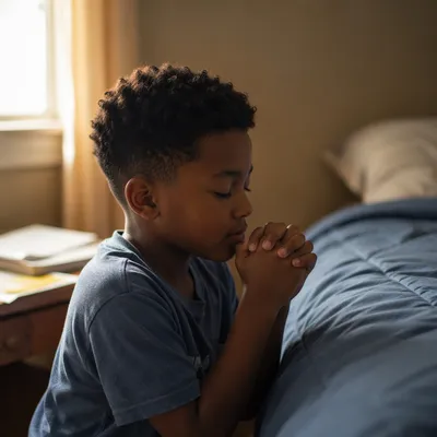 Young Boy Praying Beside Bed