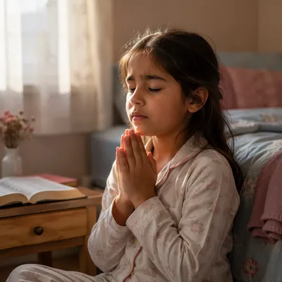 Young Girl Praying Beside Bed at Dawn