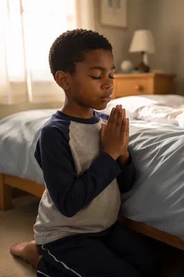 Young Boy Praying Beside Bed