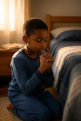 Young Boy Praying Beside Bed at Dawn