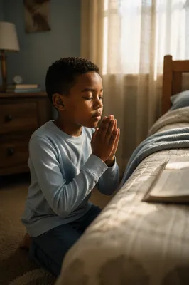 Young Boy Praying Beside Bed at Dawn