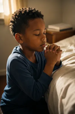 Young Boy Praying Beside Bed at Dawn