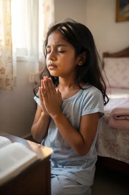 Young Girl Praying Beside Bed at Dawn