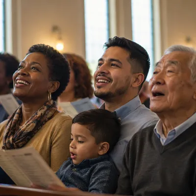 Joyful Church Congregation Singing Close Up